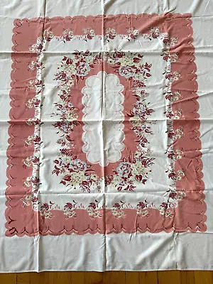 Vintage Printed Tablecloth Kitchen Pink White Floral Flowers 60 X69  Retro • $19.99