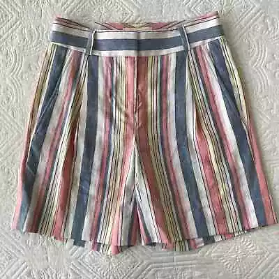 Etcetera Linen Blend Pleated High Waist Striped Shorts Blue White Pink 0 • $8