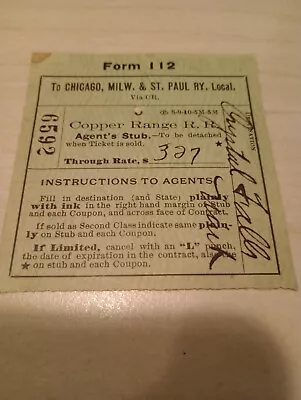 Copper Range Railroad Ticket Stub 1911 South Range Baltic Michigan Crystal Falls • $9.99