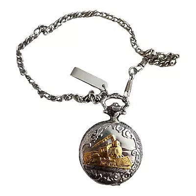 Train Pocket Watch Men Silver Tone Date Window With Chain W/Free Shipping • $19.99