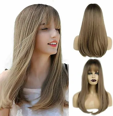 20'' Blonde With Black Root Long Wigs For Women Ombre Synthetic Full Wig Straigh • £18.95