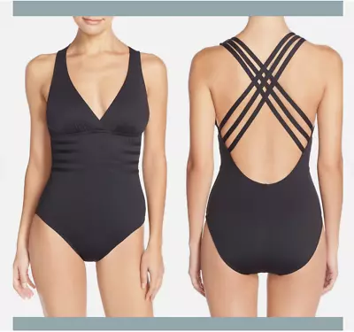 La Blanca Island Goddess Multi Strap Cross Back One Piece Swimsuit Black Size 10 • $39.99