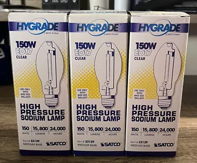 Lot Of Thre Satco S3129 High Pressure Sodium Lamps / Bulbs 150 Watt ED17 Hygrade • $29