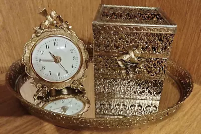 Vintage (3) Piece Matson Bird Gold Ormolu Clock Mirror & Tissue Box Vanity Set • $75