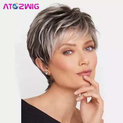 Short Pixie Cut Wigs For Women Black And Gray Synthetic Hair Natural Wig For Mom • $12.33