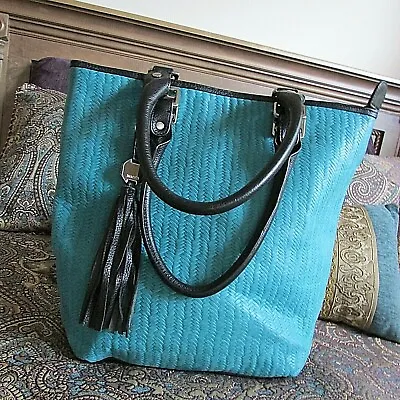 $68 • Buy Treesje Turquoise Woven Leather Tassel Large Organizer Tote Handbag 