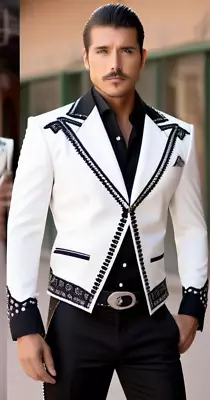 Men's Customized White 3Pc Mariachi Suit Cotton Black Embroidered Wedding Outfit • $815.31