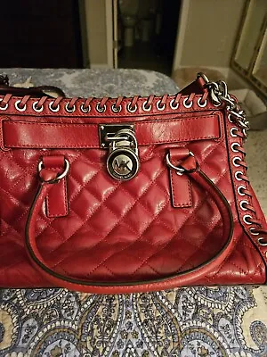 MICHAEL KORS Hamilton Hippie Grommet Red Quilted Leather Satchel Purse FREE SHIP • $170