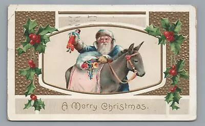 A Merry Christmas SANTA CLAUS Blue Suit Robe Donkey Blue Suit Vintage Postcard • $7.99