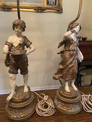 Antique French Lamp Girl And Farm Boy W/ Coin Dish  And Violin L & F. Moreau • $395