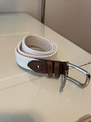 Tommy Hilfiger Stretch Belt 32-34 S Cream Braided Rope Brown Leather Trim • $14.95