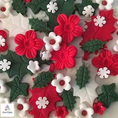£5.49 • Buy EDIBLE CHRISTMAS FLOWERS Sugar Paste Cake Cupcake Toppers Decorations Holly Ivy