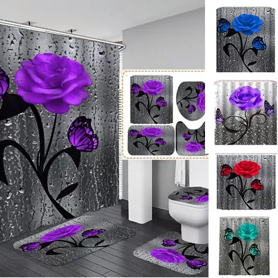 4Pcs Bathroom Shower Curtain Set Waterproof Butterfly Rose Retro With 12 Hooks • $15.80