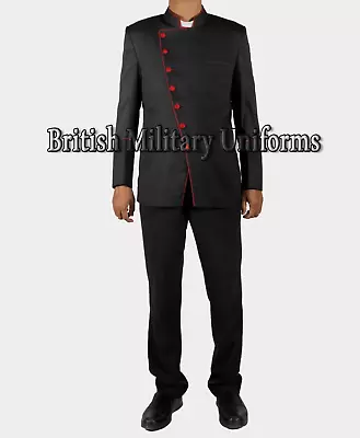 New Men Clergy Double Breasted Black Cotton Jacket With Red Trim Expedited Ship • $221.59