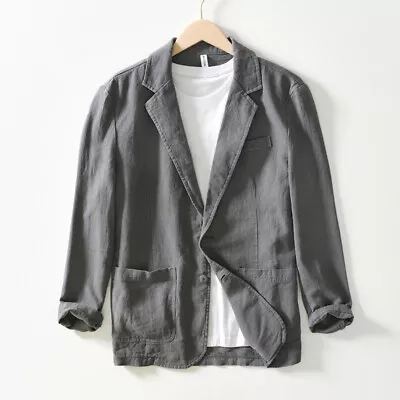 Men Suit Jacket Formal Business Cotton Linen Casual Blazer Two Button Slim • $59.21