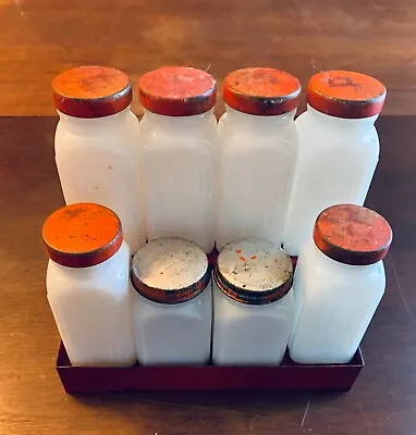 Vintage 1940 White Milk Glass Spice Jar Set Of 6 Large 2 Small Red Metal Holder • $34.97