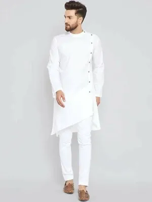 White Cotton Kurta Men Indian Clothing Fashion Shirt Embroidered Men's Kurta  • $31.61