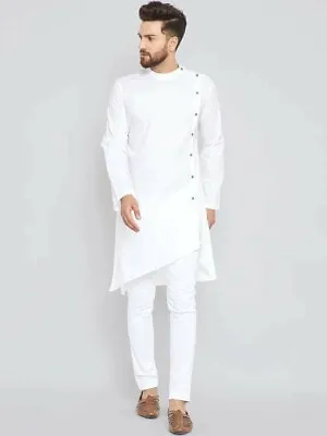 White Cotton Kurta Men Indian Clothing Fashion Shirt Embroidered Men's Kurta • £32.83
