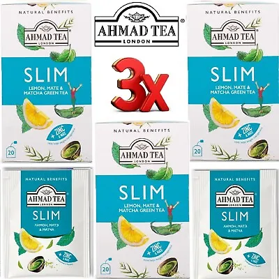 Ahmad Tea Slim Lemon Mate & Matcha Green Tea + Zinc & Mate 3 X Packs Of 20 Bags • £14.56