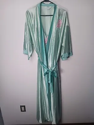 Vintage Night Gown And Robe Set Peignoir Set FLORAL Nylon 2pc Sea Green 1X USA • $65