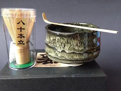 Japanese Kinsai Nagashi Matcha Bowl Chashaku Scoop 80 Whisk Tea Ceremony Set • $42.95