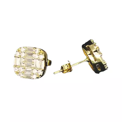 Iced Square Studs 14k Gold Plated Micro Pave Cz Push Back Earrings High Quality • $10.98