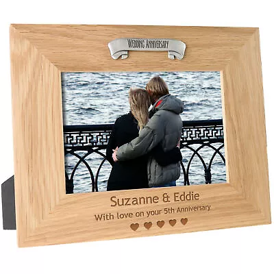 5th Wooden Wedding Anniversary Gift Engraved Oak Photo Frame Wood 5 Year Gifts • £26.99