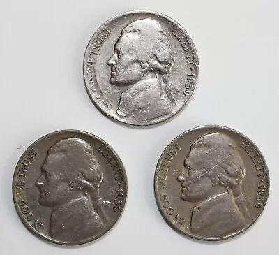 1939 P D S US Jefferson Nickels 5c 3 Coin Lot Five Cent Copper Nickel Circulated • $11.99