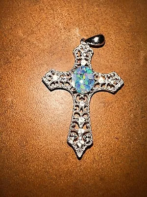 Artisan Crafted  Sterling Silver Opal Cross Pendant • $18.67