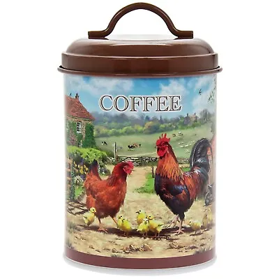 Cockerel & Hen Design Metal Coffee Canister Kitchen Storage Tin Container Bin • £10.98