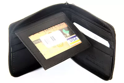 Leather Zip-Around BiFold 6 Credit Card 2 ID Window Black Men's Wallet • $8.48