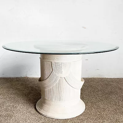 Boho Chic Pencil Reed Pedestal Circular Glass Top Dining Table • $1095