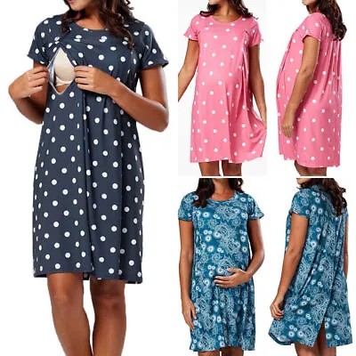 Pregnant Womens Nursing Nightdress Breastfeeding Pyjamas Maternity Shirt Dresses • £12.72
