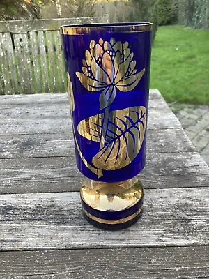 Large Cobalt Blue Glass Vase Thistle Gilded 11  Vintage Gold Lily And Lily Pad • £14.99