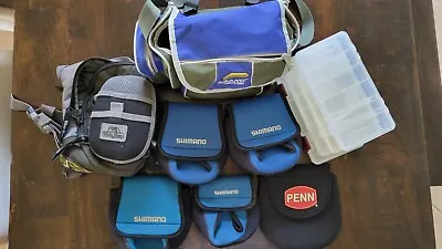 Tackle Bag With 4 Boxes Wading Bag And 5 Shimano Penn Reel Bags • $100