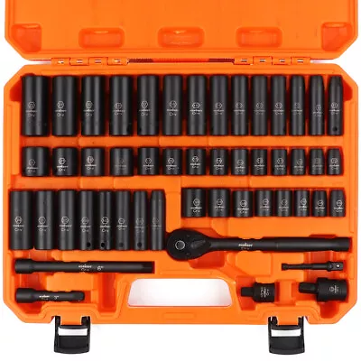 50Pc 3/8  Drive Impact Socket Set  Ratchet Wrench Metric SAE Deep Short Sockets • $85.99