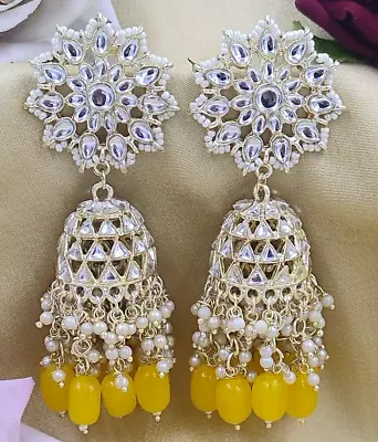 Gold Plated Bollywood Indian Kundan Big Jhumka Yellow Earrings Jewelry Set • $39.99