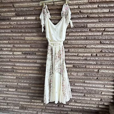 Vintage 70s Beige Delicate Floral Prairie Off Shoulder Hippie Festival Dress • $35.98