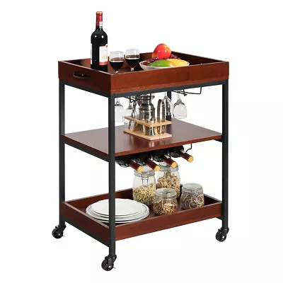 3 Tier Kitchen Trolley Cart Storage Shelf Utility Bar Serving Cart Glass Holder • $69.99