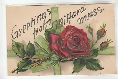 Red Roses Glitter Greetings From Milford MA  • $4.50