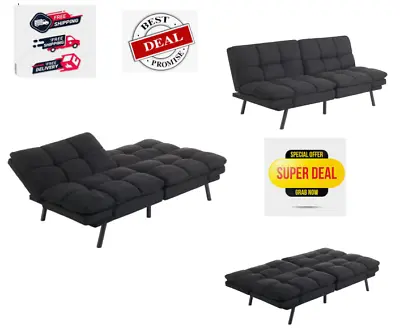 Memory Foam Futon Black Faux Suede Fabric Converts From Couch To Bed • $158.98