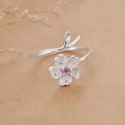Girls Silver-plated Inlaid Zircon Cherry Blossoms Adjustable Open Ring Women New • $9.98