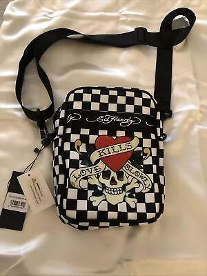 Ed Hardy Black & White Check Nylon Crossbody Bag With Skull & Heart NWT • $34.50