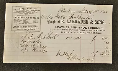 1863 Larrabee & Sons Leather & Shoe Findings Billhead Baltimore MD • $20