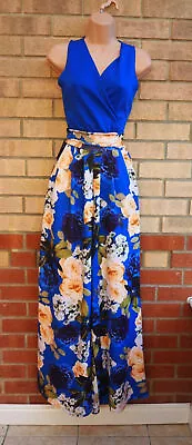 Miss Look Blue Yellow Floral Wrap V Neck Wide Leg Palazzo Jumpsuit 8 S • £24.99