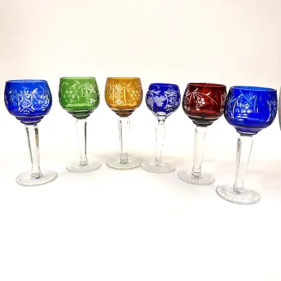 6 Crystal Cordial Glasses Grapes Nachtmann Traube Blue Bohemian Cut To Clear Vtg • $101