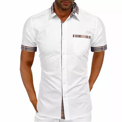 ✿Men Linen Cotton Casual Shirt Short Sleeve Beach Formal Blouse Tee Top PlusSize • $14.20