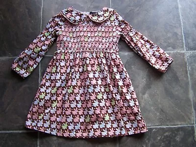 Girl's Oobi Pink & Brown Rabbits Smocked Long Sleeve Cotton Dress Size 5 EC • $14.99