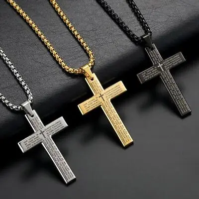 Cross Necklace For Women Men StainlessSteel Engrave Lord's Prayer-Pendant Chain{ • $1.93