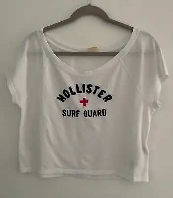 HOLLISTER California Crop Tee Size S White With Surf Guard  Logo Short Sleeve • $14